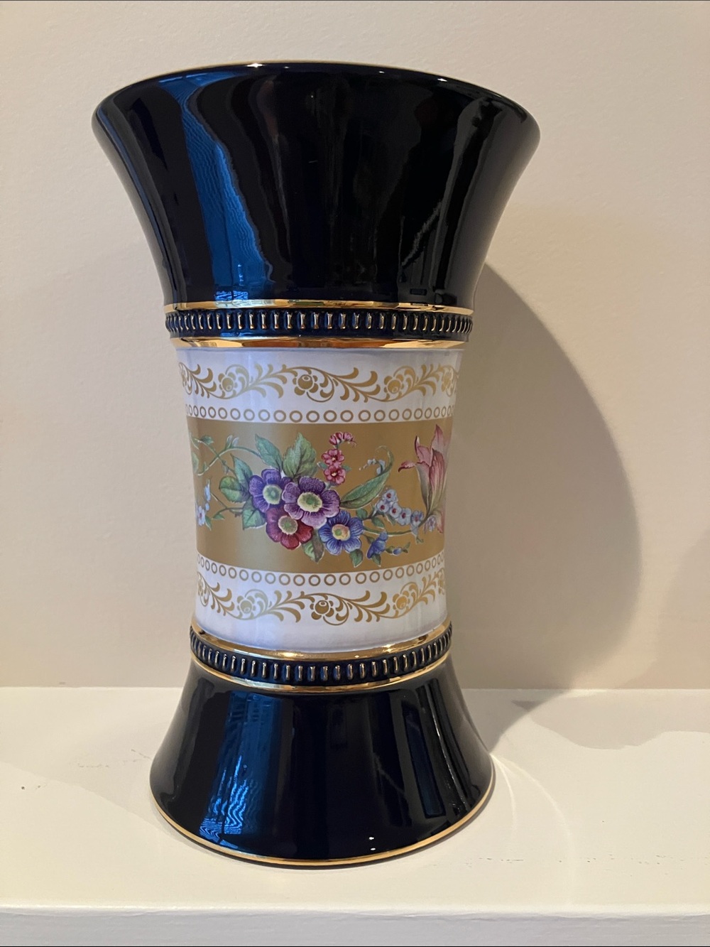 C. Fiorentine Italian ceramic vintage trumpet vase, cobalt blue, florals & gold